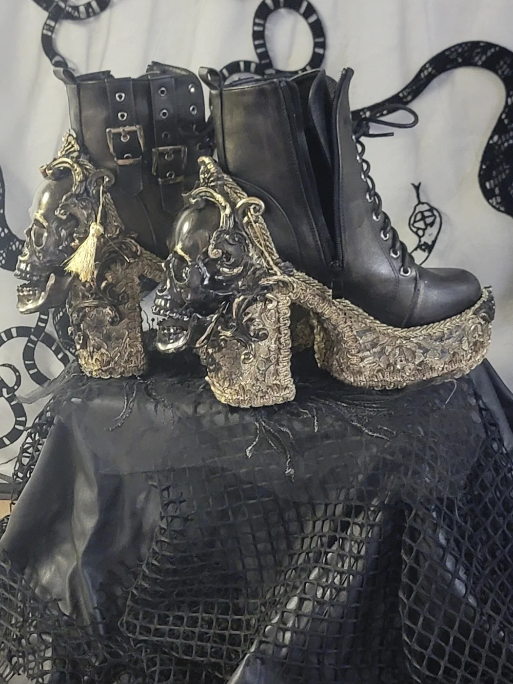 Hand Crafted Black and Gold Skull-Heel Platform Boots - Women